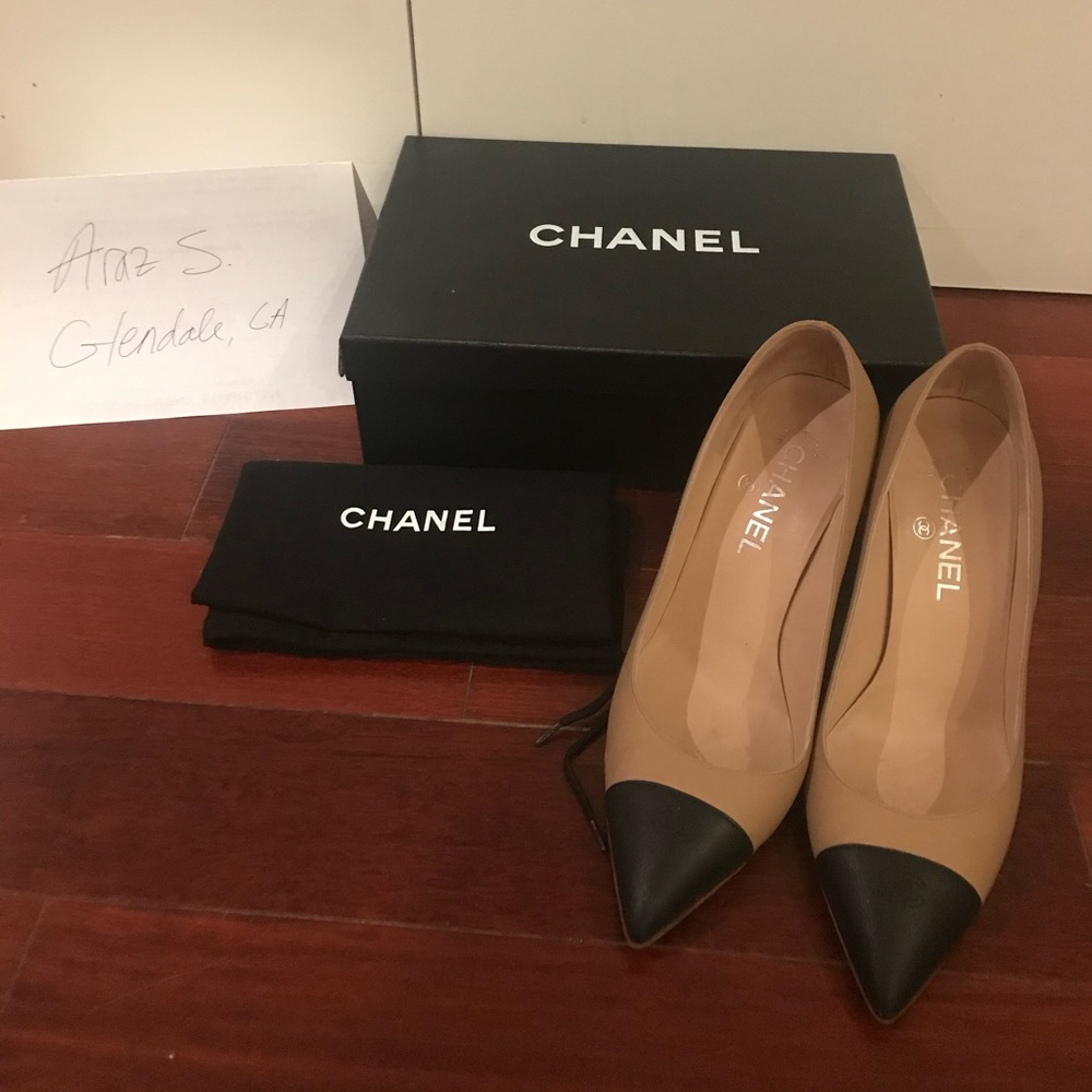 Chanel wedge heels 38.5 8.5 beige black chain wrap